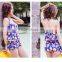Blue print beach wear fashion two pieces girls swim brief suits with split back