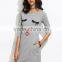 Grey Raw Hem Closed Eyes Print Dress Cotton Spandex 3/4 Sleeve Summer Cartoon Pocket Tee Dress