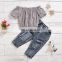 Girls cotton stretch strapless striped top + denim ripped pants suit Europe and America