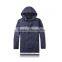 Wholesale price double layers PVC polyester dark blue hi-vis reflective tape printed logo hooded rainsuit with jacket and pants