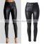 2016 Autumn Fashion Women Metal Button Belt Loop Black Sexy Tight Trousers Ladies High Waist PU Leather Skinny Slimming Pants