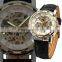 Golden Steampunk Skeleton Mechanical White Dial Men's Sport Leather Wrist Watch