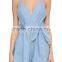 Woman fashion V neck tie waist halter backless sexy denim romper