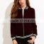 MGOO Women Burgundy Velvet Bomber Jacket With Striped Trim Plain Baseball Jacket Zipper Closure