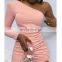 Women Ladies One Shoulder Long Sleeve Sexy Casual Club Party Slim Fit Slash Neck Skinny Pleated Pink Mini Dress