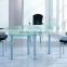 Foshan shunde modern 6 seater tempered glass top steel base dining table
