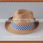 Promotional paper straw fedora hat with sewed ribbon