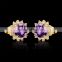 High quality yellow gold plated stud earring purple gemstone bridal jewelry