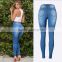 2016 Summer Women Sky Blue Skinny Pencil Denim Pants Vogue Knee Holes Narrow Bottom High Waisted Ladies Latest Fashion Jeans