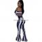 Fashion Women Two Piece Flare Top And Pants Stripe Tracksuit Set