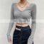 2020 Fall New Women Slim V-neck Cropped Top Solid Color Button Long Sleeve Cardigans