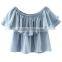 2016 Women Off Shoulder Ruffle Hem Sexy Slash Neck Cute Summer New Fashion Cotton Loose Blouse