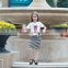 100% cotton fashion slim fit T-shirt girl's fashion capris printed T shirt and cross stripe skirt set