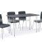 Wooden top dining table with 4 seaters in fabric cushion and chromed steel leg