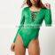 High Quality Suede Lace-Up Women Long sleeves Green Bodysuit