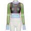 2020 Hot Contrast Stitching Crop Top Sexy See-through Mesh Women Long Sleeve T-shirt