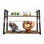 modern decorative curved stock detachable foldable black iron MDF wood wall shelf rack art decor for living room
