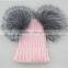 Myfur Bright Orange Wool Beanie with Detachable Double Real Silver Fox Fur Pompoms