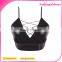 Sexy Black PU Crossover Straps Deep V-neck Elastic Back Seductive Lingerie Bra