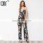 Black Floral ladies jumpsuit, 2017 fashion deep v-neck long romper