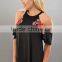 96% Rayon 4% Spandex high neckline loose flowy fit cold shoulder sleeves sweet tops with front embroidered flowers