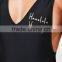 Women's Deep V Front Swimsuit Print Logo On Left Chest Black One Piece Swimwear 80% Nylon and 20% Elastane