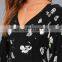 2017 long sleeve V neck black floral midi dress for women