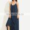 New Arrival Custom Navy Spaghetti Strap Maxi Dress With Pocket 100% Cotton Casual Slip Sexy Dress