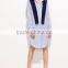 Guangzhou Clothing OEM Blue Vertical Striped Shawl Button Dress With Curved Hem