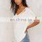 2017 Summer high quality women plain white t-shirt with slit at neck