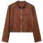Luxi early autumn new retro stand up collar buckle suede jacket women's Hong Kong style short motorcycle jacket top