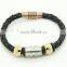 Black enamel stainless steel lock fashion mens leather bracelet with beads