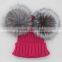 Myfur Bright Orange Wool Beanie with Detachable Double Real Silver Fox Fur Pompoms