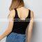 Wide shoulder straps lace up ribbed cropped tank womens black vest tops