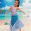Ruffled sleeve turquoise mermaid applique cartoon dress for girls