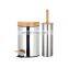 Bamboo Lid Trash Bin and Toilet Brush Set  Round Shape Pedal Soft Close Silver Stainless Steel