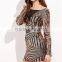 Fashion Luxury Mini Dress Contrast Mesh Long Sleeve Bodycon Dress Open Back Gold Beaded Sequins Club Dresses