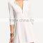 White Zipper A-Line Dress Plain Casual Polyester Fabric Spring V Neck Short Dress With 3/4 Sleeve