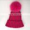 Myfur Hot Pink Rose Winter Wool Knit Hat With Fox Fur Pompom Attached