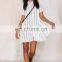 2015 MG Simple white with black stripe print front button closure lady top for a swing skirt silhouette