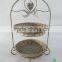 Two Tier Rustic Metal Stand with Wicker Plate and wicker heart and Ribbon Bow Decorated (46H-097)