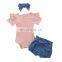 Infant Baby Girls Clothes Sets Short Sleeveless Solid Romper Tops Print Shorts Headband