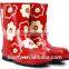 non-slip high quality ladies red rubber rain boot with flower pattern