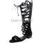 CATWALK-X1380260 Hot fashion black women flat sandals hollow out women casual sandals lace up knee flat sandals
