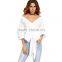 White Women Blouses Fall 2017 Womans Clothes Off Shoulder Top 3/4 Sleeve Sexy Shirt Autumn Bow Tie V Neck Wrap Blouse
