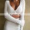 2020 Fall New Women Slim V-neck Cropped Top Solid Color Button Long Sleeve Cardigans