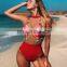 2019 SUMMER STOCK Sheer Mesh Swimsuit Ties Neck High Waisted Bottom Woman One Piece Swimwear