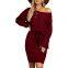 New Knit Solid Color Slim Women's Long-sleeved Bag Hip Off-shoulder Dress