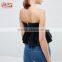 Women Denim Pleated Corset in Washed Black Crop Top and Skirt Clothes 2017