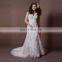 Ideal Mermaid V-Neck Cap Sleeve Lace Wedding Dress Buttons Chapel Train